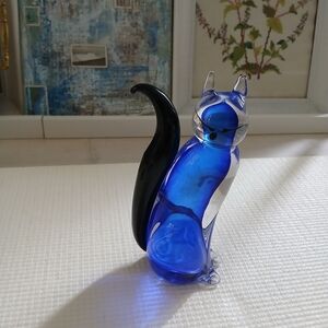 Vintage Murano Royal Blue/Clear Glass Smirky Cat Figurine,7x3, original, Italy